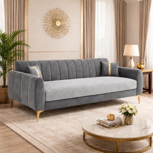 Image of Hermione Luxe Velvet-Suede Fabric Dual Tone 3 Seater Sofa | Comfortable Seating | Modern Sofa for Living Room - Light Gray & Dark Gray