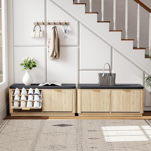 affeivul 43.3''W Fluted Shoe Rack Bench with 2 Flip Drawers, Entry Bench Seat with 3-Tier Shoe Storage and Leather Cushion, Shoe Organizer Bench for Entryway, End of Bed, Living Room - Natural — view 6