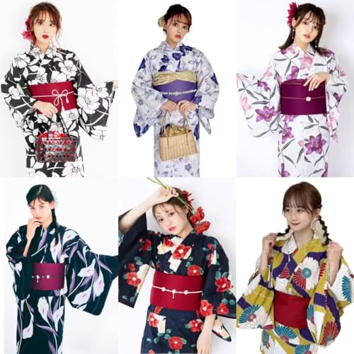 Women's Yukata Summer 2-Pieces Set Blossom Breathable 100% Cotton Japanese Style Floral Print Obi Belt Kimono4