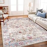CHAMPLANT Washable Area Rug 8'x10' Vintage Traditional Mat Distressed Indoor Foldable Accent Thin Rug Retro Floral Non Slip Carpet Living Room Dining Room Office