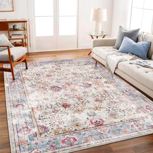 CHAMPLANT Washable Area Rug 8'x10' Vintage Traditional Mat Distressed Indoor Foldable Accent Thin Rug Retro Floral Non Slip Carpet Living Room Dining Room Office