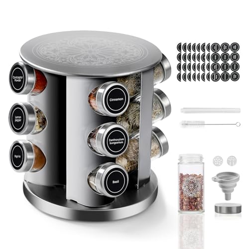 SXTIHD Estante giratorio para especias para la cocina, carrusel de acero inoxidable con 12 tarros redondos para especias de 100 ml, etiqueta