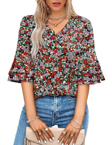 Image of OFEEFAN Spring Tops for Women Boho Shirts Fashion Clothing Cute 3 /4 Length Sleeve Blouses Dressy Casual Summer Outfits