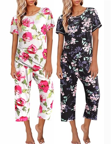 Image of Ekouaer 2 Pack Womens Pajamas Sets Short Sleeve Tops and Capri Pants Pjs Colorful Printed Sleepwear Sets