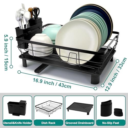 Goderewild Dish Drying Rack for Kitchen Counter,Space-Saving Dish Rack with Drainboard,Rustproof Countertop Dish Drainer with Utensil Holder for Sink,Black