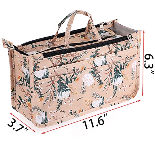 Btsky Printing Handbag Organizers Inside Purse Insert - High Capacity 13 Pockets Bag Tote Organizer With Handle (White Flower) #TOP1