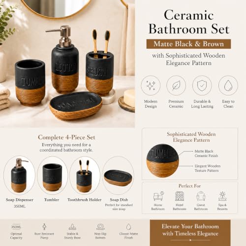 Image of Market99 Ceramic Bathroom Set Matte Black & Brown with Sophisticated Wooden Elegance Pattern, Includes Soap Dispenser, Tumbler, Toothbrush Holder, & Soap Dish for Coordinated Bathroom Style, 350ML
