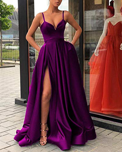 Satin Prom Dresses for Women Party Straps Evening Formal Dress with Pocket3