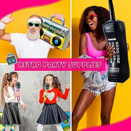 Cunhill 29 Pcs 80s 90s Party Decorations Include Inflatable Boom Box Beverage Cooler 20 Gold Foil Chain Balloons 2 Mobile Phones 2 Radio Boombox 4 Microphones for Hip Hop Theme Supplies Cosplay Props