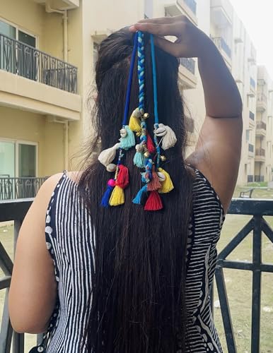 Image of Zippy Flora Boho Handmade Colorful Hair Strings for Navratri /Ethnic Look /Bohemian Styling, Colorful Braided Hairband, Thread Hair Accessories & Extensions (Shoulder Length (12-14 inch), Blue)