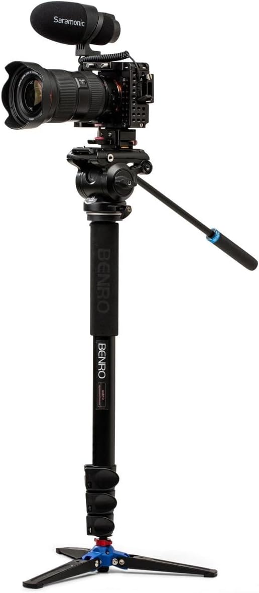 Benro A48FD Classic Aluminum Video Monopod, 3-Leg Base and S4 PRO Flat Base Fluid Video Head, Payload 8.8 lbs