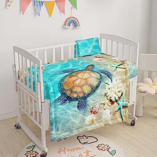 Image of Crib Bedding Set,3pcs Nursery Crib Bedding with Comforter Crib Sheet & Crib Skirt,Sea Turtle Beach Printed Nursery Bedding for Baby Boys and Girls(Turtle)