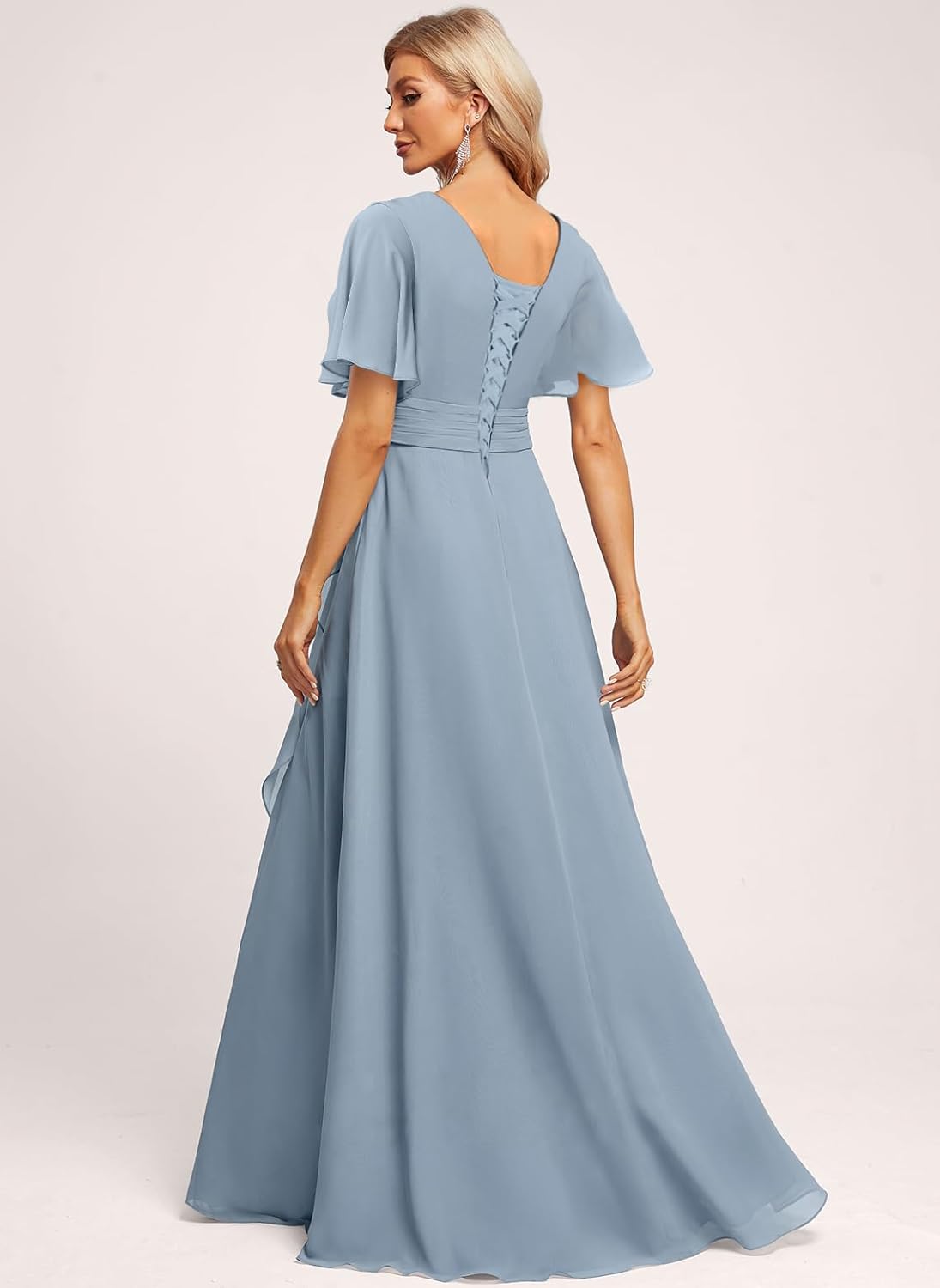 V Neck Bridesmaid Dress with Sleeves Ruched Ruffles Side Slit Long Formal Dresses for Women DIN006 - Image 2