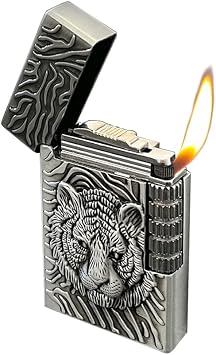 Lighters Vintage Soft Flame Lighter Traditional Flame Embossed Lighter Vertical Ignition Roller Cool Lighters Unique Birthday Gifts Silver Tiger