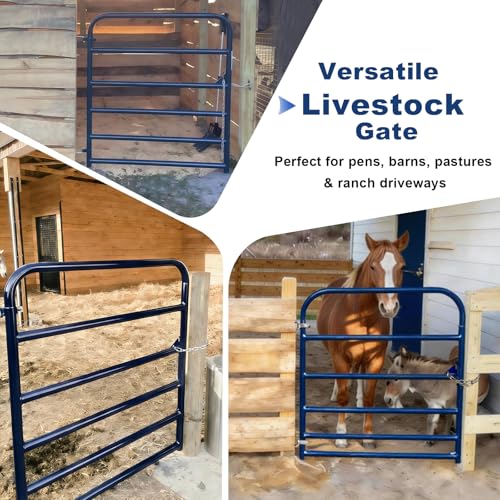 Image of Blue 6 Bar Utility Tube Gate 4 ft (W) x 50 in (H), Heavy-Duty Steel Farm Gate with Chain Latch, Animal-Safe Utility Livestock Gate for Horse, Cattle