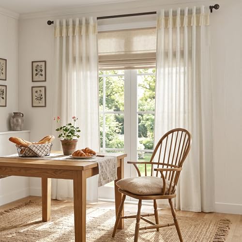 Image of jinchan Linen Curtains for Living Room Bedroom Light Filtering Semi Sheer Curtains Boho Farmhouse French Country Cottage Core Decor Window Drapes Back Tab 84 Inch Length Tassel Beige