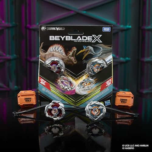 Image of Beyblade X Jurassic World Collab Spinosaurus vs. Quetzalcoatlus Multipack Set, 2 Takara Tomy Tops, 2 launchers, Battling Tops Game, Dinosaur Toys, Ages 8+