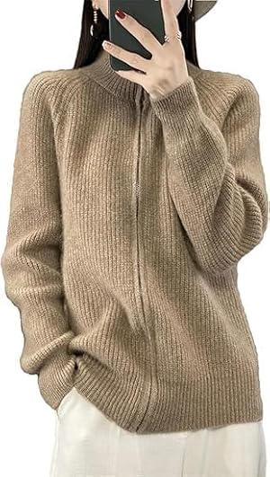 Womens Wool Knitting Sweater Turtleneck Zipper Cardigan Light Weight Warm Sweater for Women