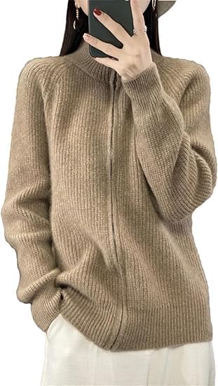 Womens Wool Knitting Sweater Turtleneck Zipper Cardigan Light Weight Warm Sweater for Women