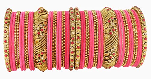 Image of NMII Metal with Zircon Gemstone and Beads Studded Ball Chain Linked Glossy Finished Velvet Bangles Chuda set for Women and Girls
