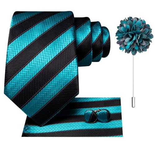 Image of Hi-Tie Mens Paisley Floral Striped Ties Set Silk Necktie and Lapel Pin for Men Pocket Square Cufflinks Set Business Wedding