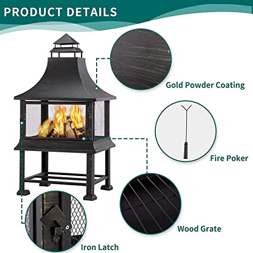 Amopatio Chiminea Outdoor Fireplace Fire Pit Wood Burning 43.3" High Large Fire Pits With Wood Storage, 360° Mesh Spark Screen & Poker For Camping, Patio, Backyard #TOP2