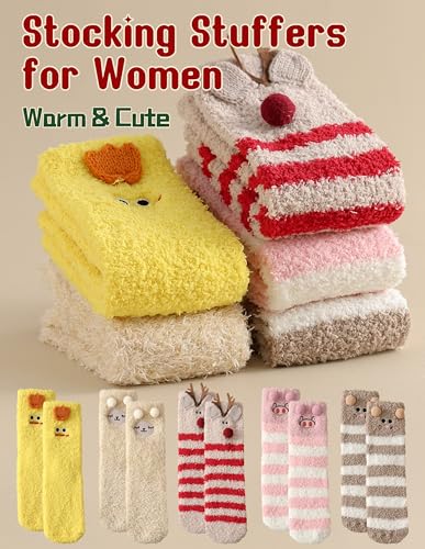 TEHOOK 5 Pairs Funny Fuzzy Socks for Women, Cute Animal Soft Winter Warm Novelty Fluffy Socks for Girls, Christmas Stocking Stuffers Gifts2