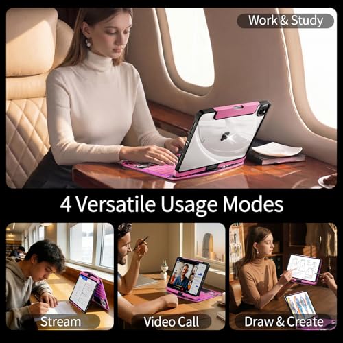 Image of Transparent Keyboard Case for iPad Pro 13 Inch (M5 2025 /M4 2024) with Multi-Touch Trackpad, 360 Rotating Stand, 7-Color 3-Level Backlit, Wireless Bluetooth, Pencil Holder, Pink