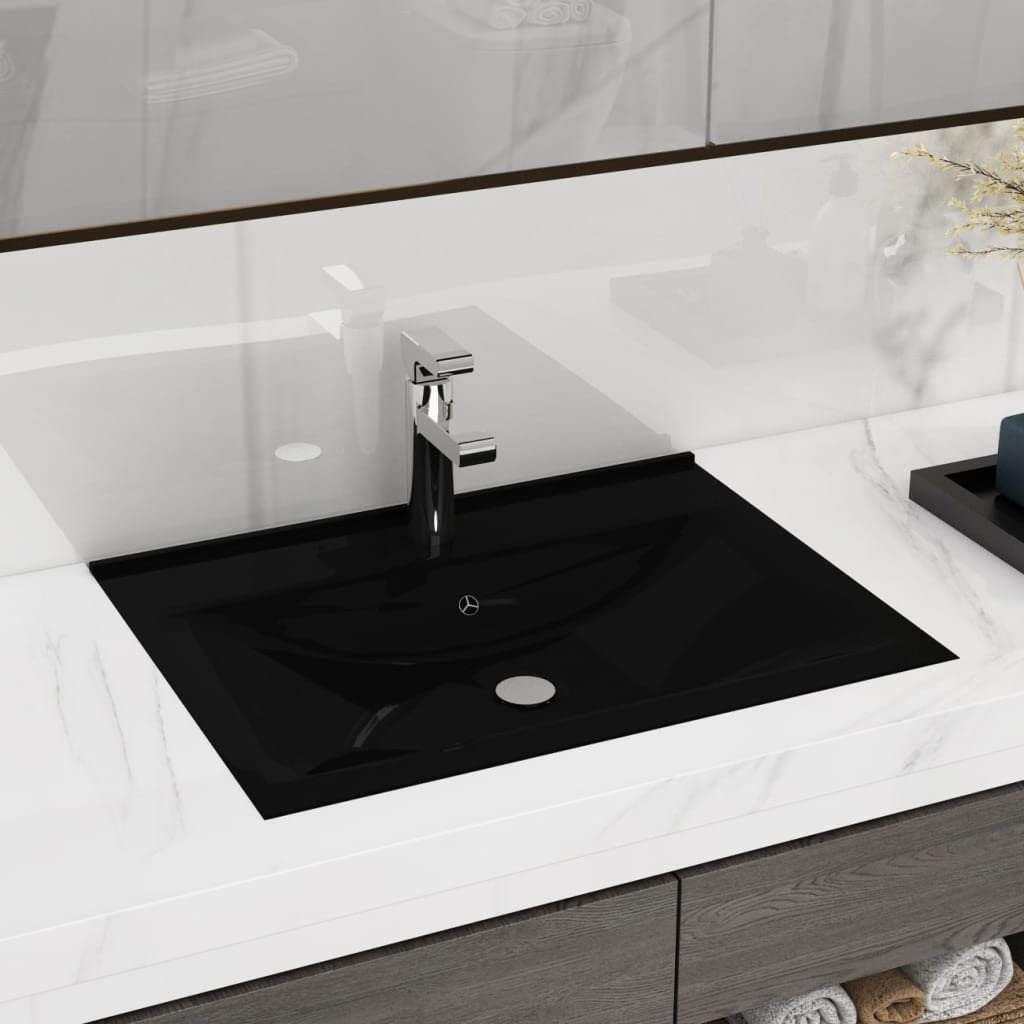 vidaXL Lavabo Lujoso con Agujero de Grifo Tocador Montado Encima Piedra Vasija Aseo Indoro Cocina Garaje Fácil de Limpiar Cerámica Negro Mate 60x46 cm
