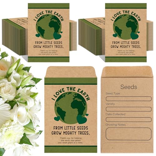 AnyDesign 100 Pcs Earth Day Seeds Packets Bulk Self Adhesive Seed Envelopes Gifts I Love The Earth Kraft Seed Storage Organizer for Flower Plants Garden Collection Environmental Party Favors