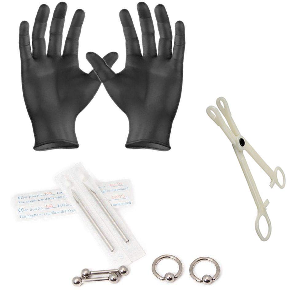 Piercing Kit Surgical Steel Captives, Barbell, Needles, Forceps,Gloves 10 Gauge