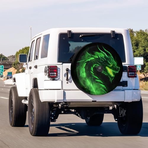 Image of Delerain Spare Tire Cover with Backup Camera Hole Green Fire Dragon Wheel Covers Waterproof Dust-Proof UV Sun Universal Fit for Jeep Trailer RV SUV Truck (17 Inch for Diameter 31 inch-33 inch)