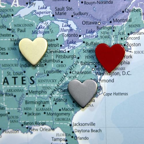 Image of Big Silver Heart Push Pins - Large Silver Metal Heart Map Pins - for Cork Board, Maps, or Lapel Pin Use - Designed in USA - Set of 20