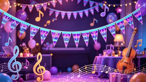 Image of K-POP Happy Birthday Banner, 13ft Long Polyester Bunting Banner with 16pcs Triangle Flags, Purple Blue Gradient Pennant Banner for K-pop Fans Birthday Party Decorations, Indoor Outdoor Hanging Decor