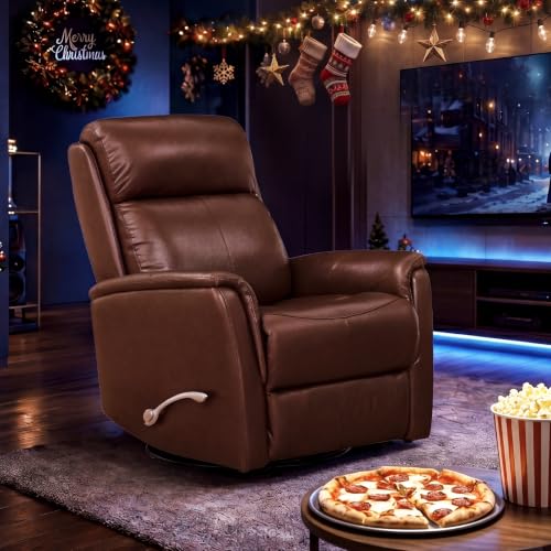 Image of Swivel Recliner Chair, Manual Leather Home Theater Seat (Brown, Leather)