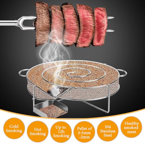 Aoreun Kaltrauchgenerator, Edelstahl Räucherschnecke zum Kalträuchern, Mehrweg Rund Rauchgenerator mit 2 Bürste & 6 Fleischhaken zum Grillen, Speck, Fisch, Lachs, Fleisch