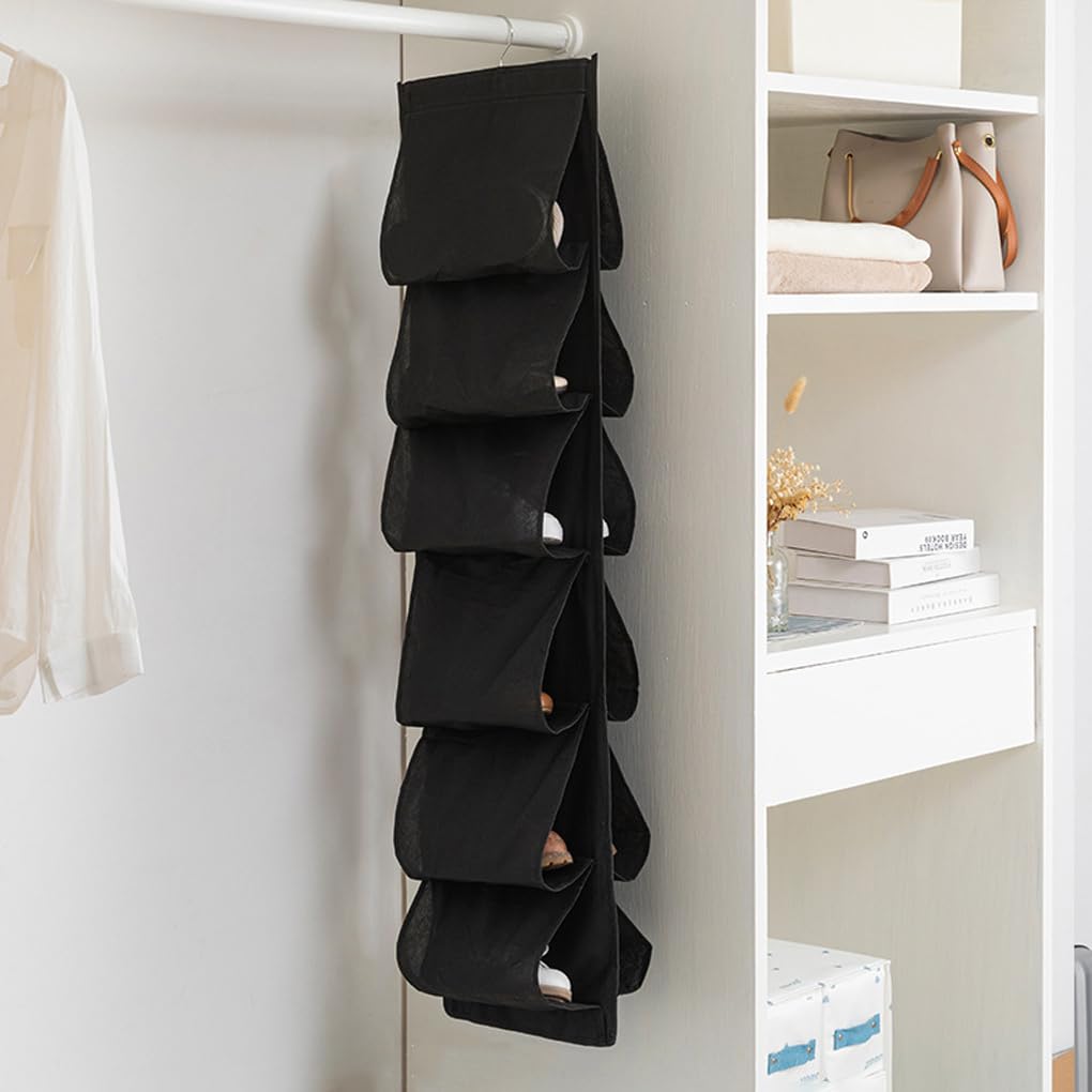 Juego de 5 zapateros para puerta con 12 bolsillos para zapatos deportivos, bolsa de almacenamiento transpirable, organizador de armario, color negro