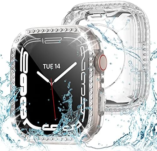 2 in 1 Bling Waterproof Case for Apple Watch Series 8 7 41mm,360 Protective PC Cover Front & Back Bumper with Tempered Glass Screen Protector,Crystal Diamond iWatch Cases for Women,41mm Clear