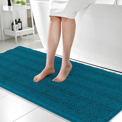 OLANLY Thick Bathroom Runner Rugs 59x24, Chenille Bath Rugs, Peacock Blue