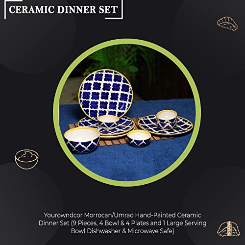 Image of Morrocan /Umrao Hand-Painted Ceramic Dinner Set (9 Pieces, 4 Bowl & 4 Plates and 1 Large Serving Bowl Dishwasher & Microwave Safe) Yellow