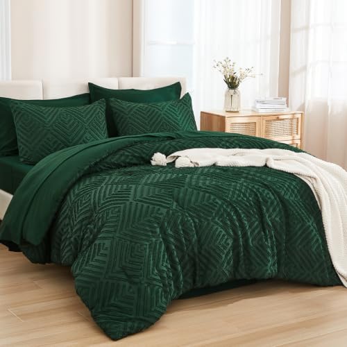Andency King Size Comforter Set 7 Pieces Dark Emerald Green - Bed in a Bag King Boho Lightweight Fluffy Tufted Bedding Comforter Sets with Quilt Comforter, Sheets, Pillowcases & Shams
