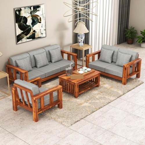 Image of Sheesham Solid Wood Six Seater Sofa Set for Living Room(6 Seater) (Provencial Teak 1)