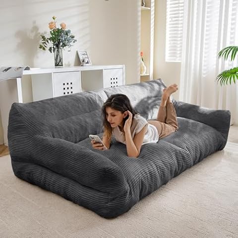 HIGOGOGO Giant Human Dog Sofa Bed, Big Comfy Floor Sofa Couch for Pet Families with Foam Chunk Supportive Mat, Corduroy Orthopedic Dog Bed for Human, Grey Cover