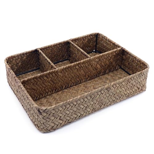 Wicker Baskets 4-Section Tea Bag/Sugar Packet Holder,Seagrass Woven Compartment Organizer,Storage Rattan Divided Basket,Office-Desk Baskets for Shelves,Pantry,Coffee Organizer,Countertops-Brown