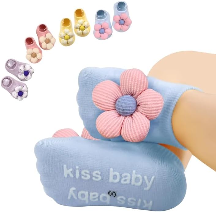 4 Pairs Baby Girl Socks,Flower Non Slip Socks for Newborn Preemie Infant Cute Princess Dress Ankle Sock