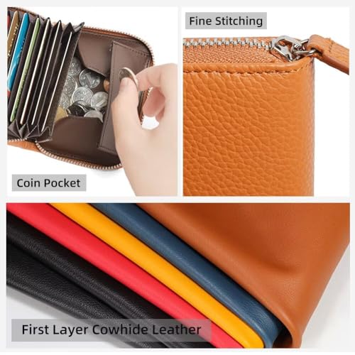 Small Leather Wallet Minimalist RFID Blocking Credit Card Holder Zipper Around Wallet with Card Slots and Coin Pocket Dark Green One Size(Orange)4