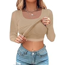 CHICME Women's Fall Long Sleeve Square Neck T Shirts with Built-in Shelf Bra Ribbed Knit Slim Fit Casual Basic Tops