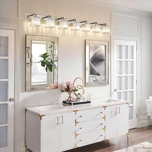 Image of Aipsun Brushed Nickel Bathroom Light Fixtures Crystal Vanity Lighting Fixture Modern Bathroom Vanity Light 7 Light (Exclude Bulb)