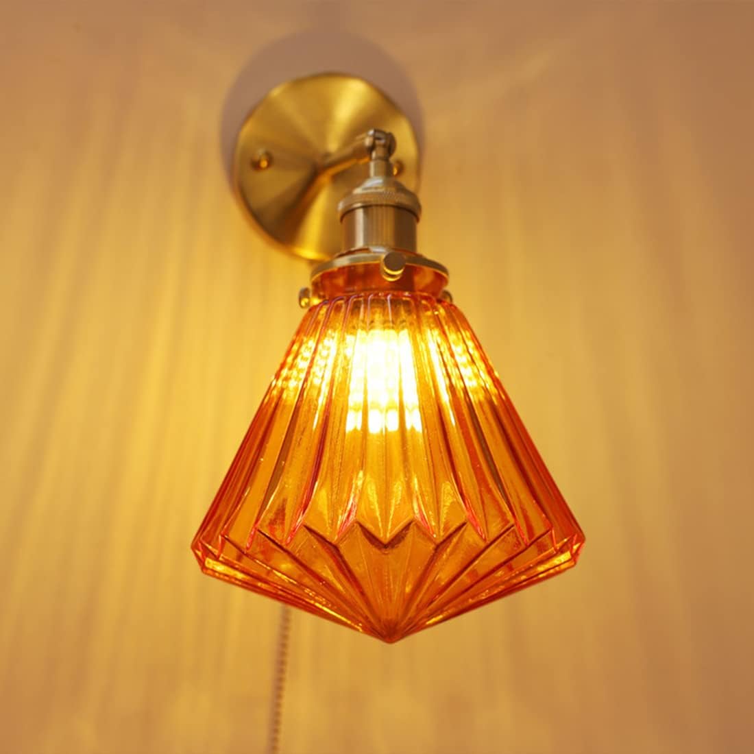 Wall Lights with Pull Chain Modern Wall Sconces Glass Lamp Shades Adjustable Up and Down Industrial Brass Wall Lamps for Bedroom, Living Room, Study, Kitchen, Bathroom, Loft (Brown)