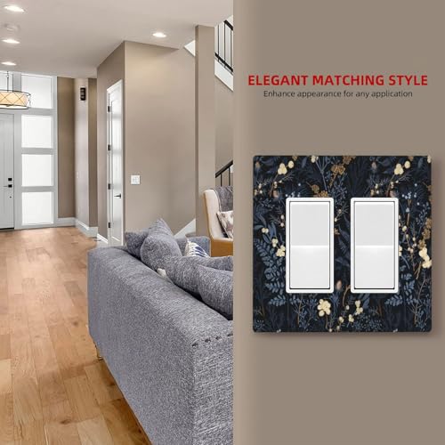 Decorative Outlet Covers Rustic Navy Dark Blue Leaves Golden Floral 2 Gang Light Switch Cover Plate Double Rocker Wall Plate Switch Plate Covers Faceplate for Bedroom Home Decor